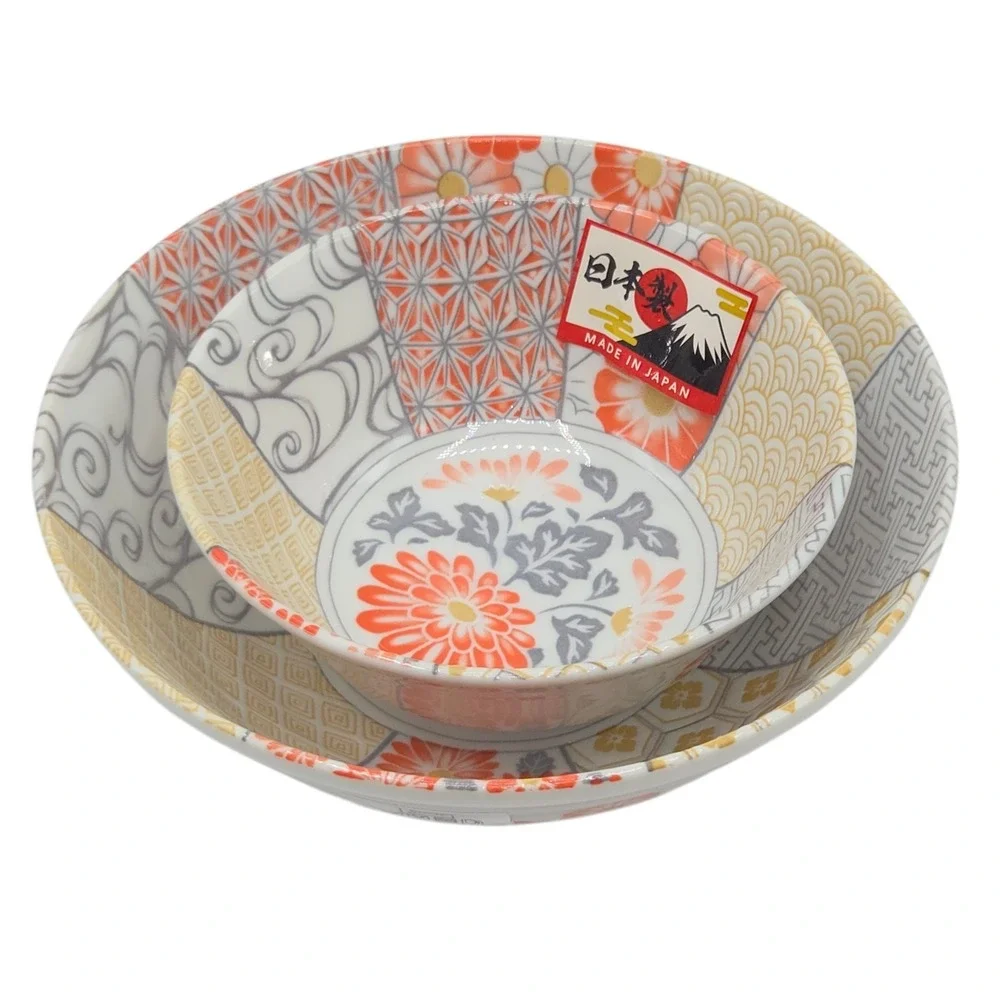 Tono Toki Japanese Ramen Bowl‎ Set Mino Ware Shozui Patchwork Floral Design